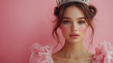 Wall Mural - young brunette woman princess with crown on head in pink dress on pink background