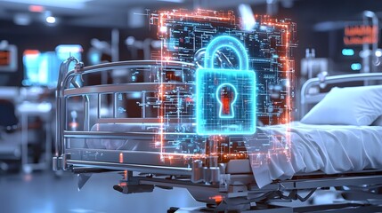Poster - High Tech Medical Facility With Digital Lock Hologram Over Hospital Bed Symbolizing Cybersecurity and Patient Data Privacy Protection in Futuristic Healthcare