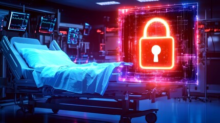Poster - Futuristic hospital bed with a glowing digital lock symbol floating above representing secure medical data patient privacy protection