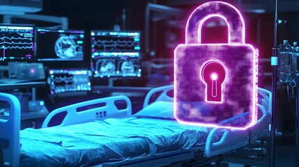 Poster - Futuristic hospital bed equipped with a glowing digital lock symbol floating above representing secure medical data patient privacy protection and advanced cybersecurity in the healthcare industry