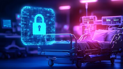 Poster - Futuristic Smart Hospital with AI Driven Digital Lock Hologram Floating Above Hospital Bed Protecting Encrypted Patient Files in Neon Blue Cyber Interface Secure Healthcare Environment