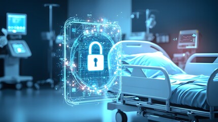 Aufkleber - Futuristic hospital room featuring a digital lock hologram hovering over a modern hospital bed