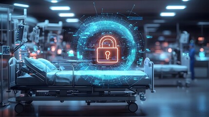 Poster - Cybernetic hospital environment with a glowing padlock icon over a hospital bed