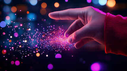 Wall Mural - hand interacting with glowing multicolored particles a digital innovation concept