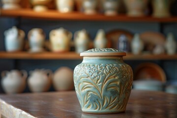 Green and beige ceramic jar with floral decoration sitting on a wooden table in a pottery workshop