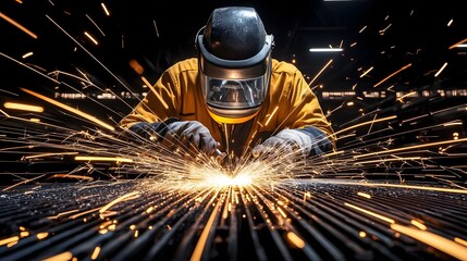 Poster - Skilled welder in protective uniform deeply focused on intricate metalwork using a welding torch to create a dramatic cascade of bright