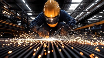 Poster - Skilled industrial welder deeply focused on creating intricate metalwork using a welding torch
