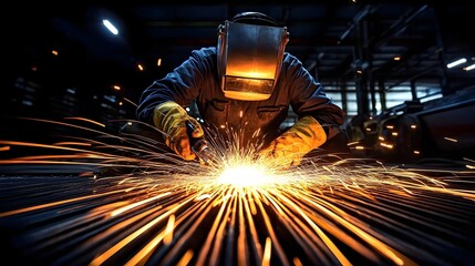 Poster - Skilled Welder Intensely Focused on Precision Metal Fabrication with Dramatic Bright Golden Sparks Flying in an Industrial Shipbuilding Environment on a Solid Black Background