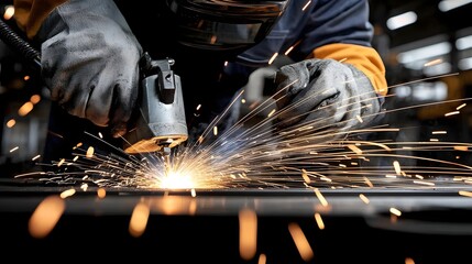 Poster - High energy welding scene showcasing a master welder skillfully fusing large industrial components with bright arcs of molten metal flying in a dynamic well lit shipbuilding workshop