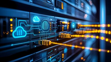 Fototapete - Cutting Edge Cloud Networking Architecture and Futuristic IT Hub with Glowing Fiber Optic Data Highways
