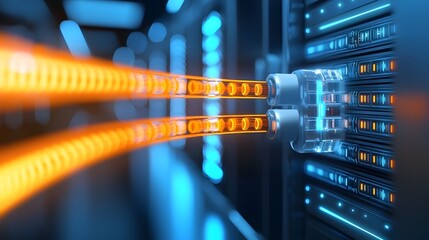 Fototapete - Vibrant Cybernetic Data Center Showcasing Futuristic Digital Cloud Storage and High Speed Connectivity Systems with Glowing Network Cables and AI Enhanced Computing Power for Seamless IT
