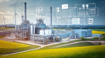 Poster - Futuristic clean energy production landscape featuring a high tech biofuel plant with interconnected processing units sustainable energy pipelines