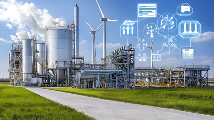 Poster - Modern biofuel production facility with state of the art green energy systems including wind turbines scattered in the background generating electricity for an environmentally friendly energy