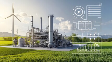 Leinwandbilder - Advanced biofuel refinery featuring high tech energy processing infrastructure and wind turbines in the distance producing clean renewable electricity as part of a sustainable energy transition