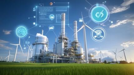 Leinwandbilder - Cutting edge biofuel refinery with futuristic industrial design surrounded by wind power stations generating green energy