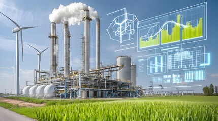 Poster - Futuristic industrial landscape showcasing an advanced renewable energy facility that seamlessly integrates a modern biofuel refinery and a wind turbine farm