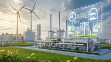Aufkleber - Ultra modern biofuel refining facility featuring state of the art green energy technology including a network of towering wind turbines powering the sustainable industrial hub