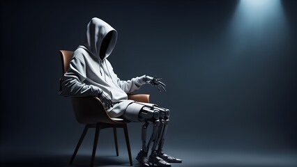Mysterious hooded figure with robotic limbs sits in a modern chair, illuminated by a single spotlight against a dark background.