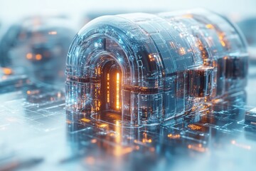 Poster - A futuristic digital structure with glowing lights, showcasing advanced technology and innovation. Perfect for illustrating concepts of the future.