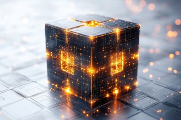 Poster - A futuristic glowing cube that represents innovation and digital advancement, surrounded by a sparkling aura, symbolizing modern technology.
