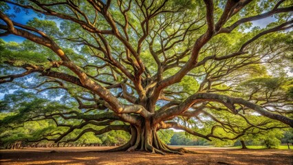 Wall Mural - Ancient tree with sprawling branches stretching towards the sky in a majestic display of nature's wonder, wildlife, textured