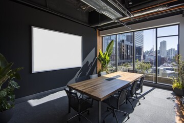 Modern office conference room with large windows, city view, wooden table, and blank whiteboard.