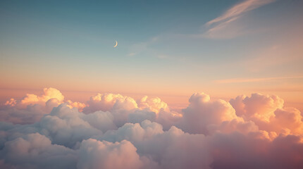 ethereal cloudscape, sunset sky, pink and orange clouds, aerial view, dreamy atmosphere, soft lighti
