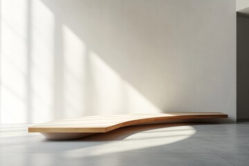 Wall Mural - Modern curved wooden bench in minimalist interior with sunlight.