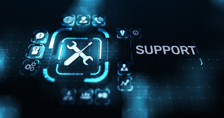 Fototapete - Support button on virtual screen. Customer service and communication concept.
