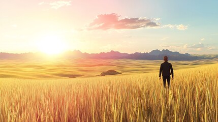 Wall Mural - A solitary figure standing in a golden wheat field at sunset, with mountains in the background