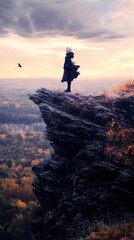 Wall Mural - A solitary figure stands on a rocky cliff at sunset, overlooking a vibrant autumn landscape with a bird soaring