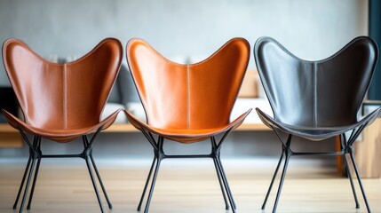 A row of three chairs situated on a wooden floor, ideal for use in interior design or furniture displays