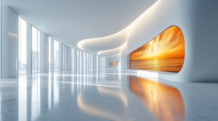 Aufkleber - A modern interior space featuring sleek lines, expansive windows, and a stunning sunset view, perfect for showcasing contemporary design and architecture.