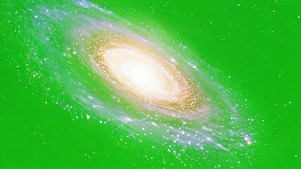 spiral galaxy with glowing stars and cosmic dust, isolated on a green screen background