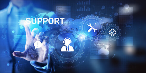 Fototapete - Support button on virtual screen. Customer service and communication concept.