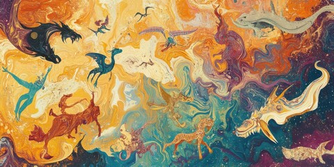 Fantasy Creatures Swirl In Cosmic Abstract Painting