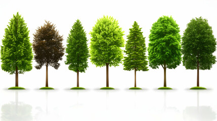 Diverse trees row, white background, nature, environmental design