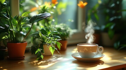 Wall Mural - Steam rises from coffee near sunny window plants