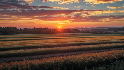 Wall Mural - Golden sunlight paints the field at both sunrise and sunset, illuminating the beautiful landscape