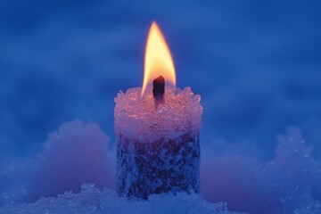 Aufkleber - Candle flame glowing in icy surroundings during twilight