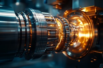 Poster - Detailed view of a complex machine component illuminated in a modern industrial setting
