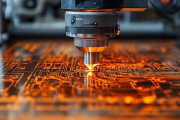 Aufkleber - Precision laser cutting of a printed circuit board in a modern technology facility at midday