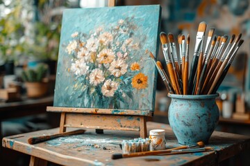 Poster - Colorful floral painting on easel with brushes and palettes in an artist's studio