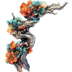 Whimsical floral arrangement entwined with driftwood, vibrant hues.