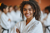Smiling martial arts student in white gi.