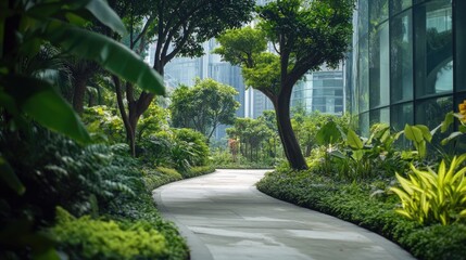 Wall Mural - A serene walkway surrounded by lush greenery and vibrant flowers, perfect for a leisurely stroll or romantic evening