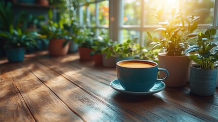 Wall Mural - Sunny morning coffee, plants, wooden table, garden view