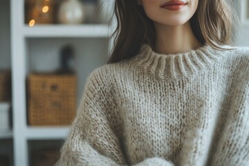 Poster - A woman sitting in a living room wearing a sweater and glasses