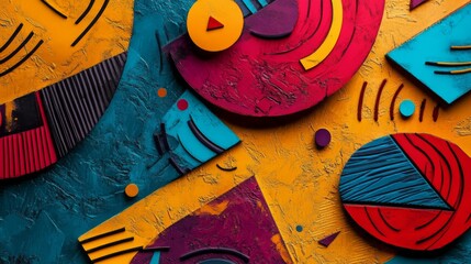Aufkleber - An artistic composition of colorful graphic elements, including vector shapes, lines, and icons, layered on a textured background, showcasing creativity