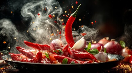 Wall Mural - An inviting shot of chilies, garlic, and onions sizzling in a hot pan, with steam rising and rich colors blending together, creating an appetizing atmosphere